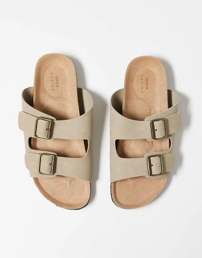 ASOS DESIGN two strap sandals in stone with cork soles