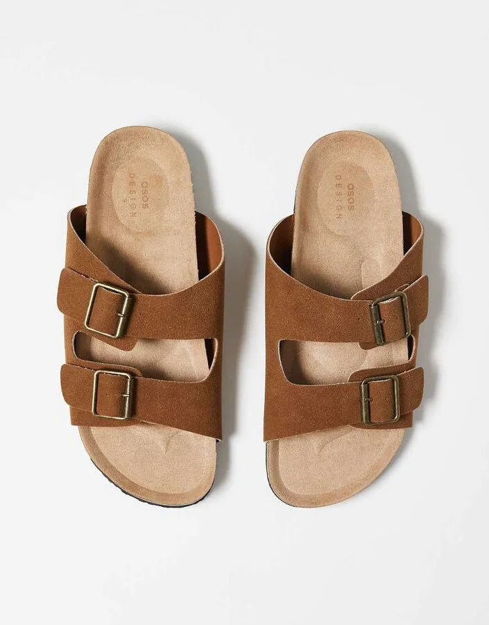 ASOS DESIGN two strap sandals in tan with cork soles