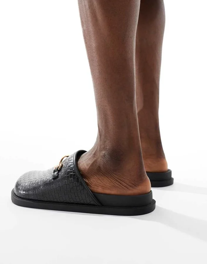 ASOS DESIGN weave mules in black with gold snaffle - Image 2