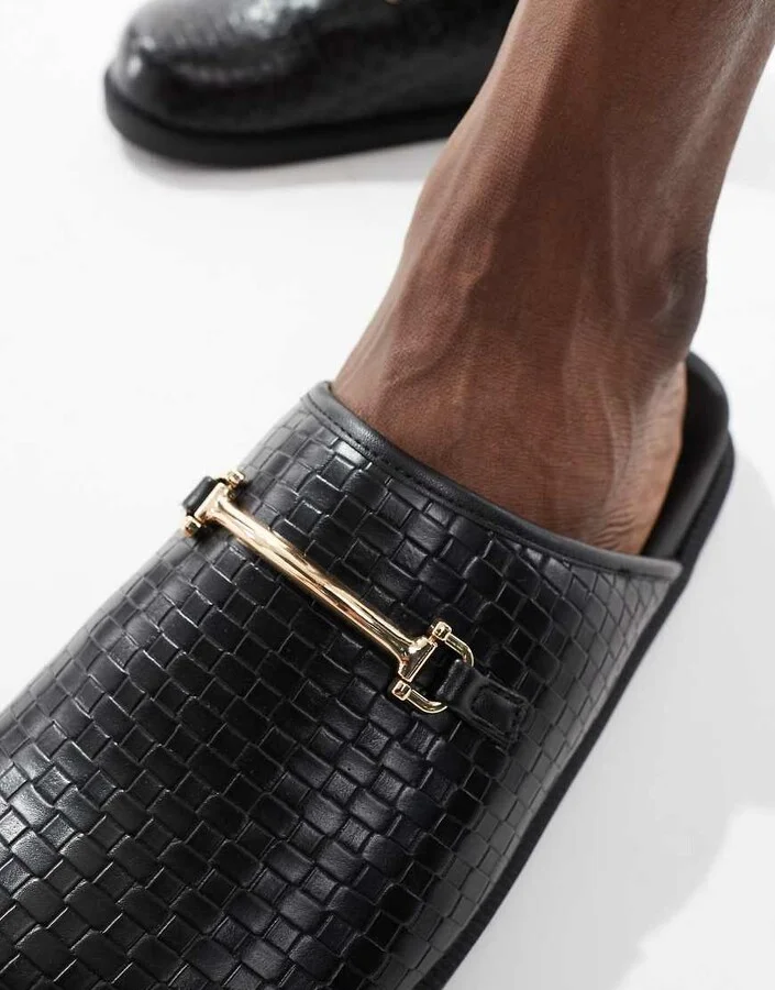 ASOS DESIGN weave mules in black with gold snaffle - Image 4