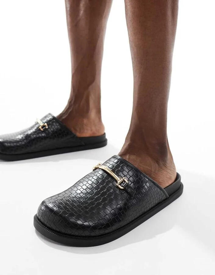 ASOS DESIGN weave mules in black with gold snaffle