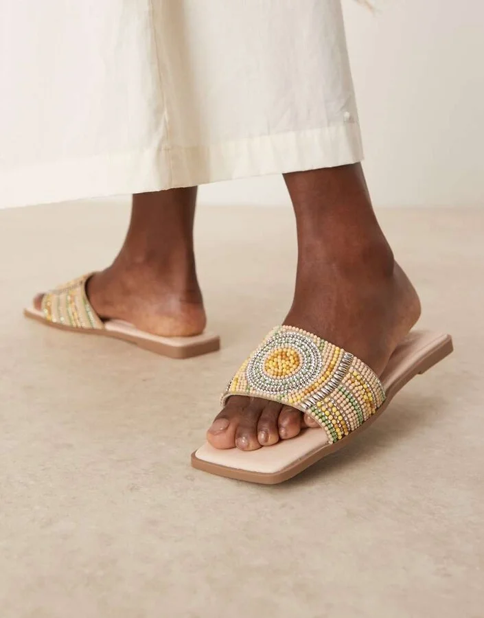 ASOS DESIGN Wide Fit Fig square toe flat mule sandals with beads in multi - Image 2