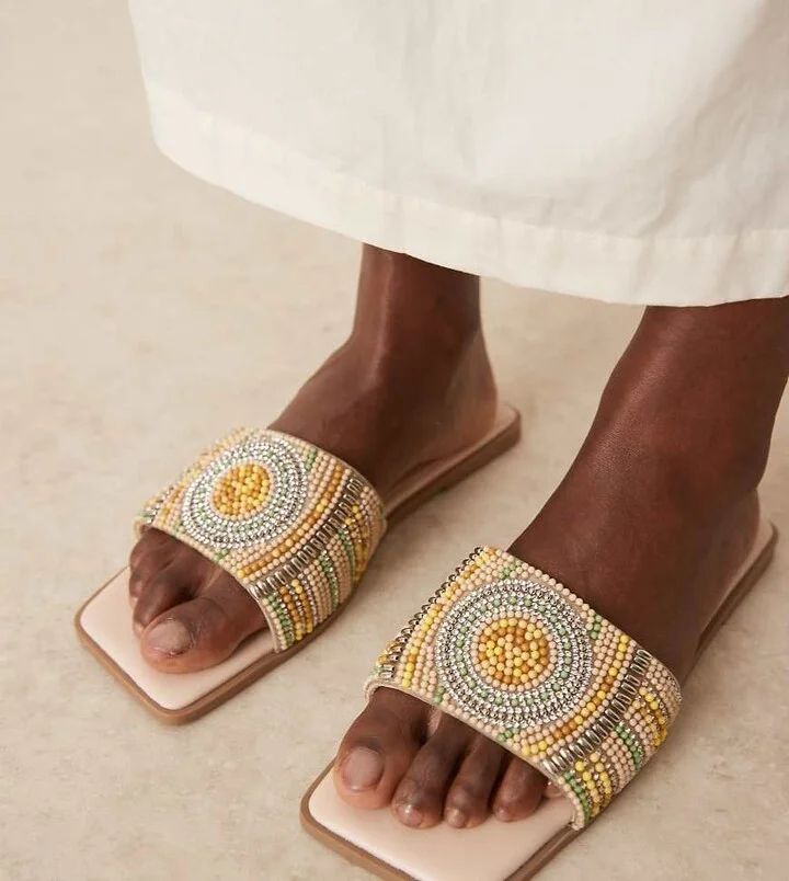 ASOS DESIGN Wide Fit Fig square toe flat mule sandals with beads in multi