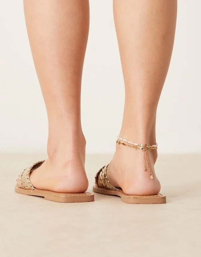 ASOS DESIGN Wide Fit Flossie woven flat sandals in gold - Image 4