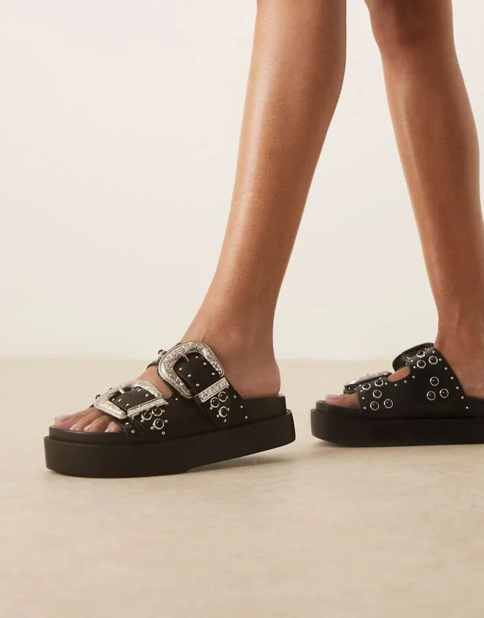ASOS DESIGN Wide Fit Forward chunky western buckle footbed sandals in black - Image 2