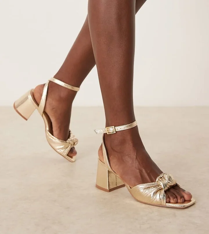 ASOS DESIGN Wide Fit Hansel knotted mid heeled sandals in gold