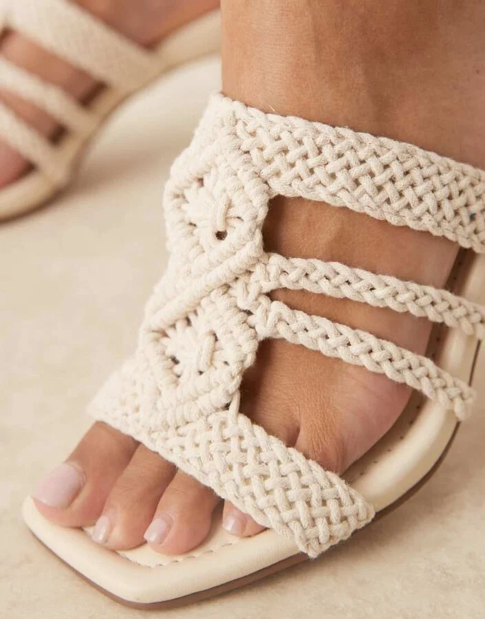 ASOS DESIGN Wide Fit Heidi woven details mid heeled mules in off - Image 3