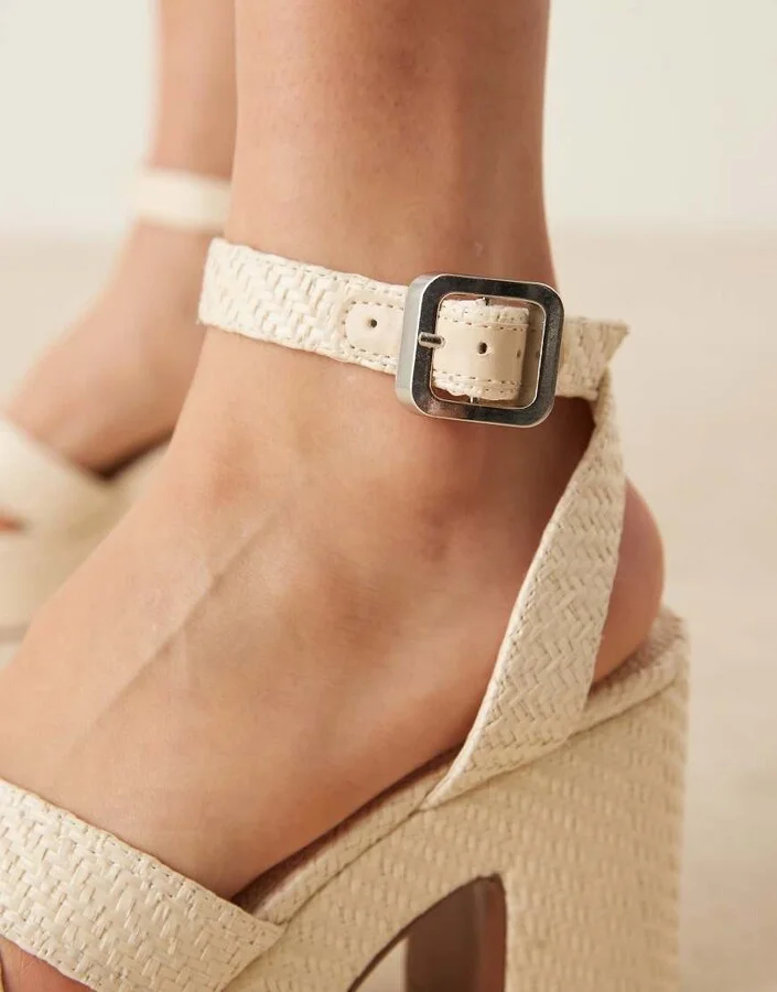 ASOS DESIGN Wide Fit Henley platform mid heeled sandals in natural raffia - Image 3