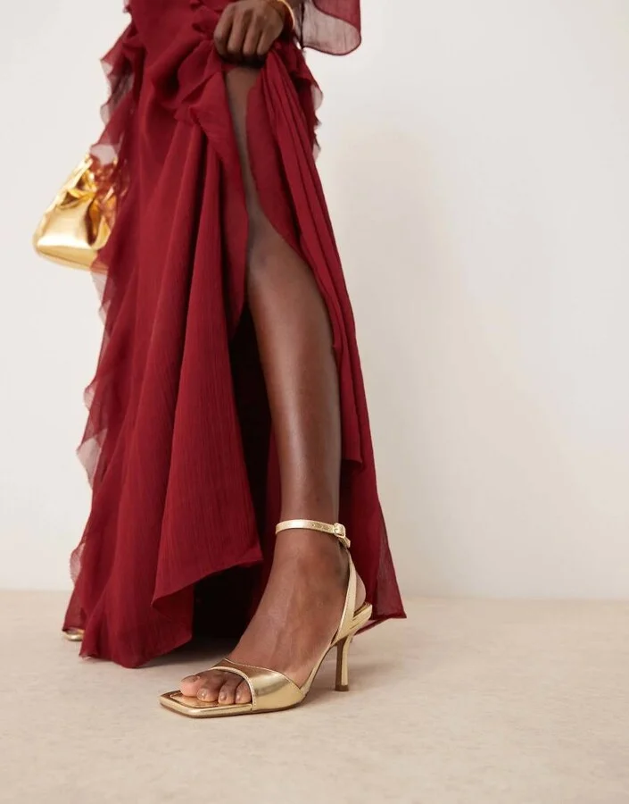 ASOS DESIGN Wide Fit Hollow barely there heeled sandals in gold - Image 2