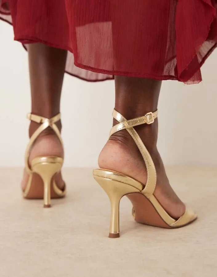 ASOS DESIGN Wide Fit Hollow barely there heeled sandals in gold - Image 4
