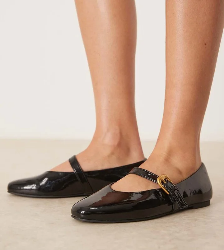 ASOS DESIGN Wide Fit Leah mary jane ballet flats in black patent