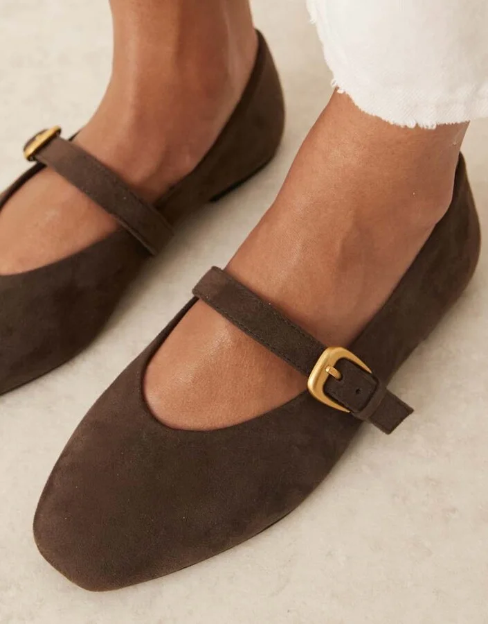 ASOS DESIGN Wide Fit Leah mary jane ballet flats in chocolate suedette - Image 2
