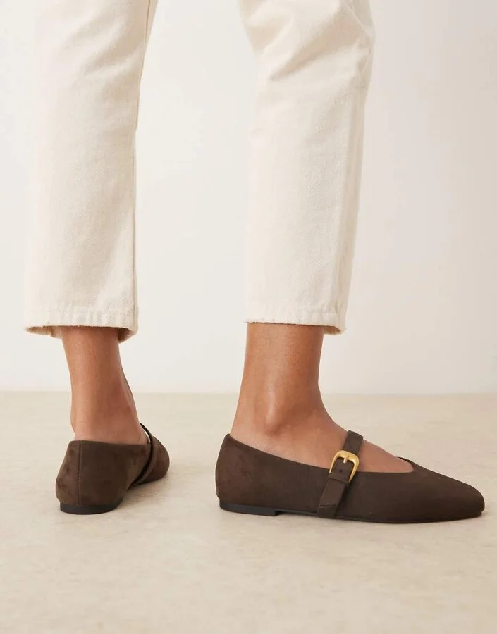 ASOS DESIGN Wide Fit Leah mary jane ballet flats in chocolate suedette - Image 3
