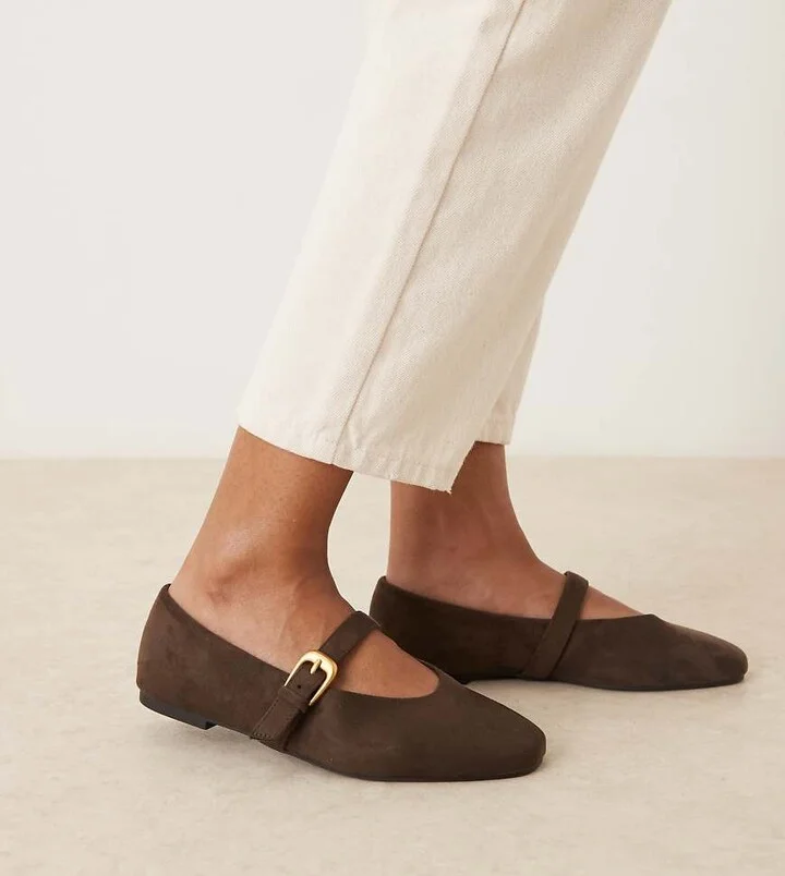 ASOS DESIGN Wide Fit Leah mary jane ballet flats in chocolate suedette