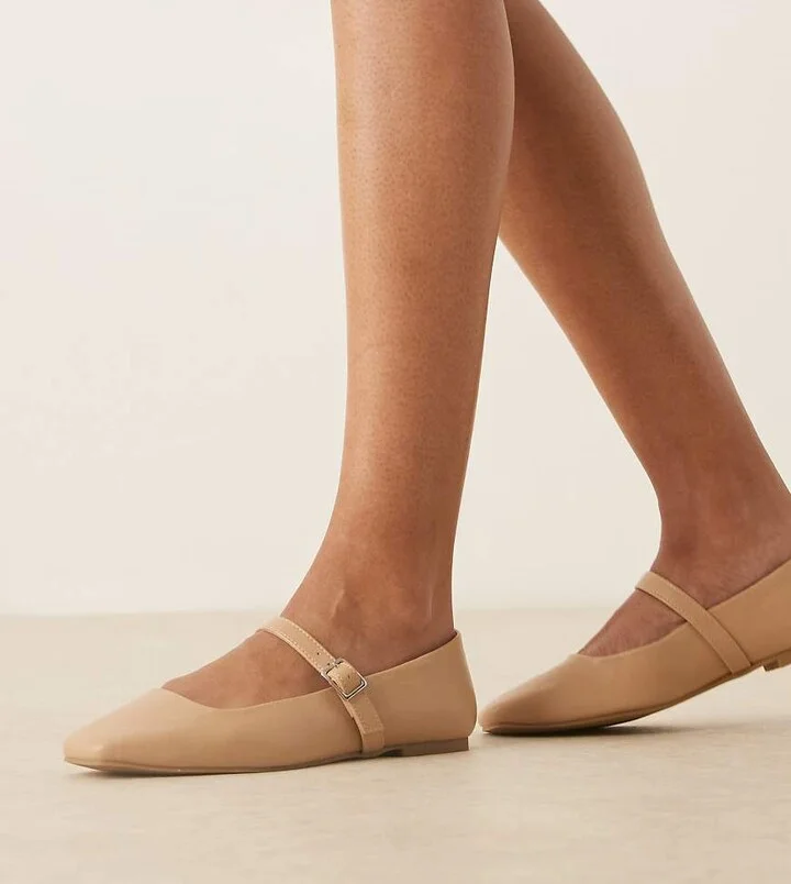 ASOS DESIGN Wide Fit Lottie Mary Jane ballet flats in beige