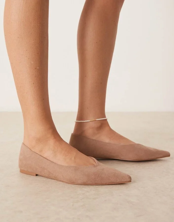 ASOS DESIGN Wide Fit Ludo pointed ballet flats in beige suedette - Image 2