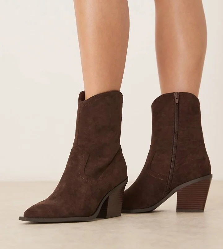 ASOS DESIGN Wide Fit Remedy heeled western boots in chocolate suedette