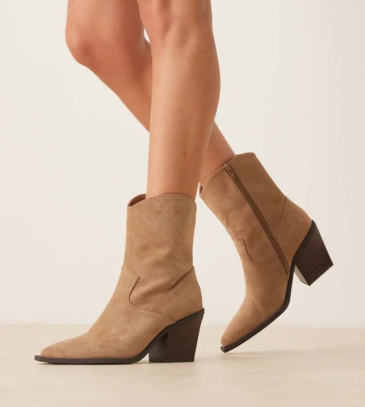 ASOS DESIGN Wide Fit Remedy heeled western boots in taupe suedette