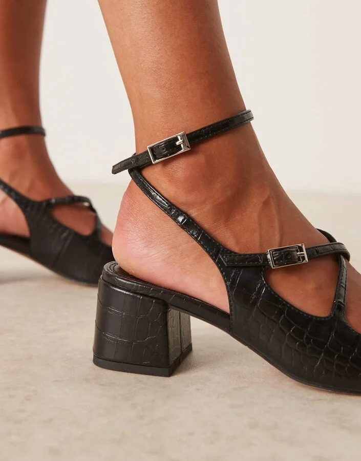 ASOS DESIGN Wide Fit Simone buckle strap detail mid block heel shoes in black croc - Image 2