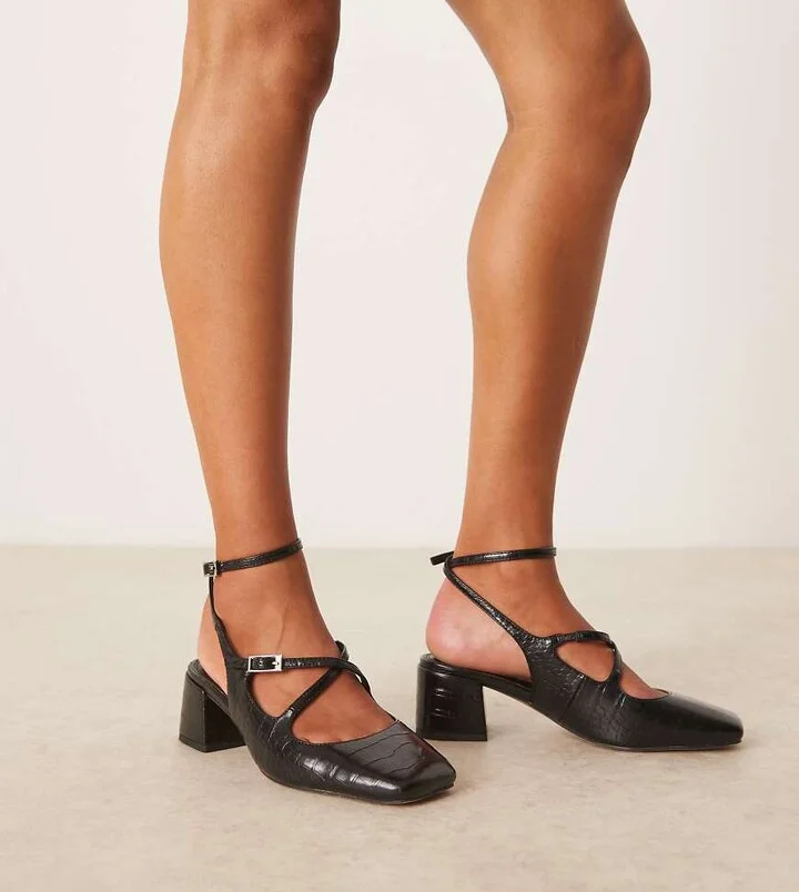 ASOS DESIGN Wide Fit Simone buckle strap detail mid block heel shoes in black croc