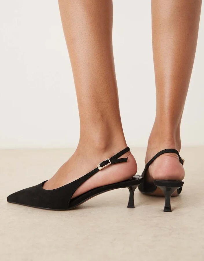 ASOS DESIGN Wide Fit Skip slingback kitten heel shoes in black suedette - Image 3
