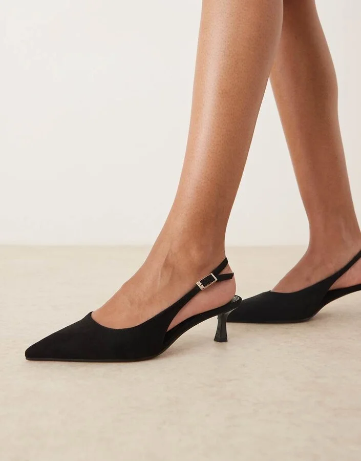 ASOS DESIGN Wide Fit Skip slingback kitten heel shoes in black suedette - Image 4