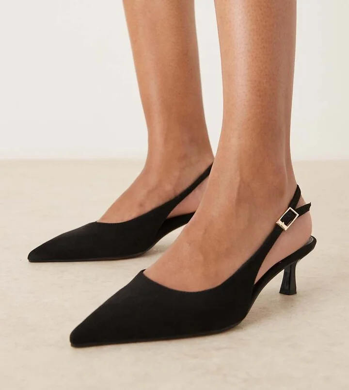 ASOS DESIGN Wide Fit Skip slingback kitten heel shoes in black suedette