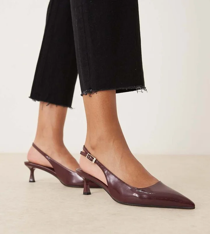 ASOS DESIGN Wide Fit Skip slingback kitten heel shoes in burgundy patent