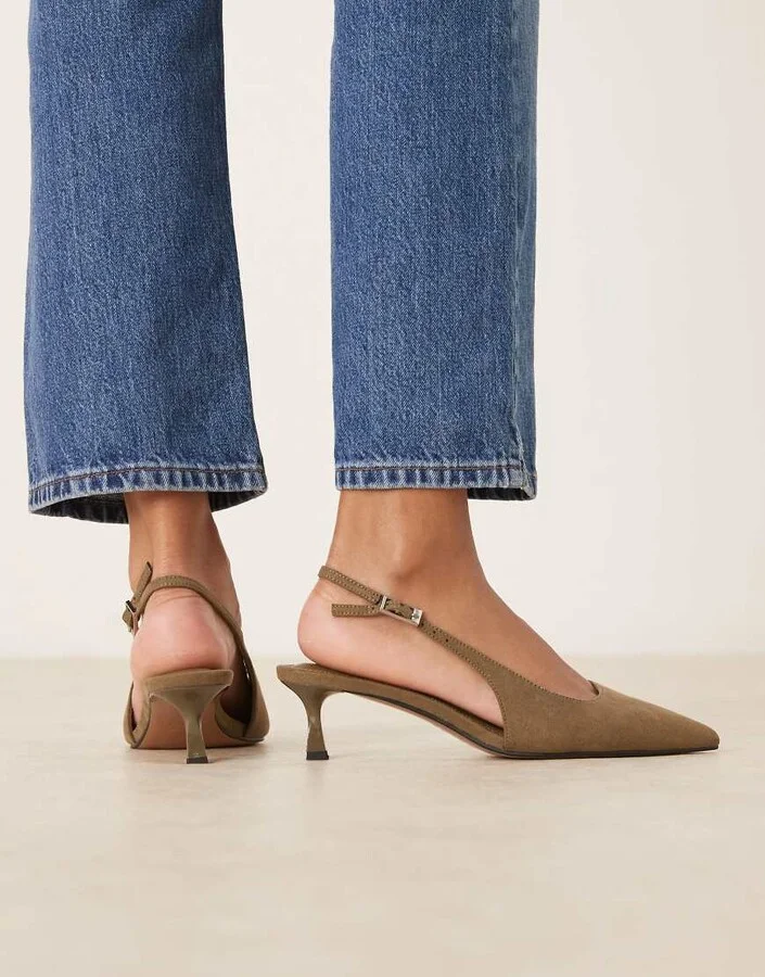 ASOS DESIGN Wide Fit Skip slingback kitten heel shoes in olive suedette - Image 4