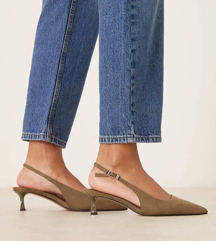 ASOS DESIGN Wide Fit Skip slingback kitten heel shoes in olive suedette