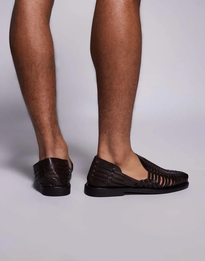 ASOS DESIGN woven fisherman sandals in brown leather - Image 4