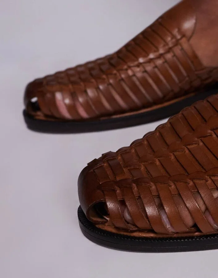 ASOS DESIGN woven fisherman sandals in tan leather - Image 3