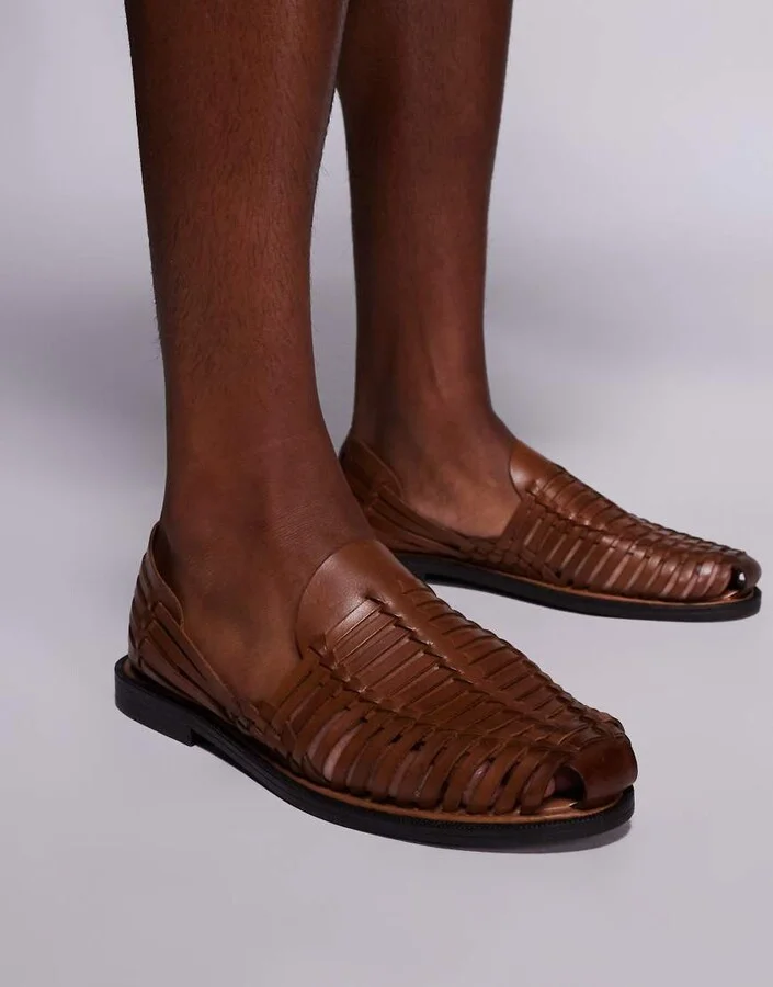 ASOS DESIGN woven fisherman sandals in tan leather - Image 4