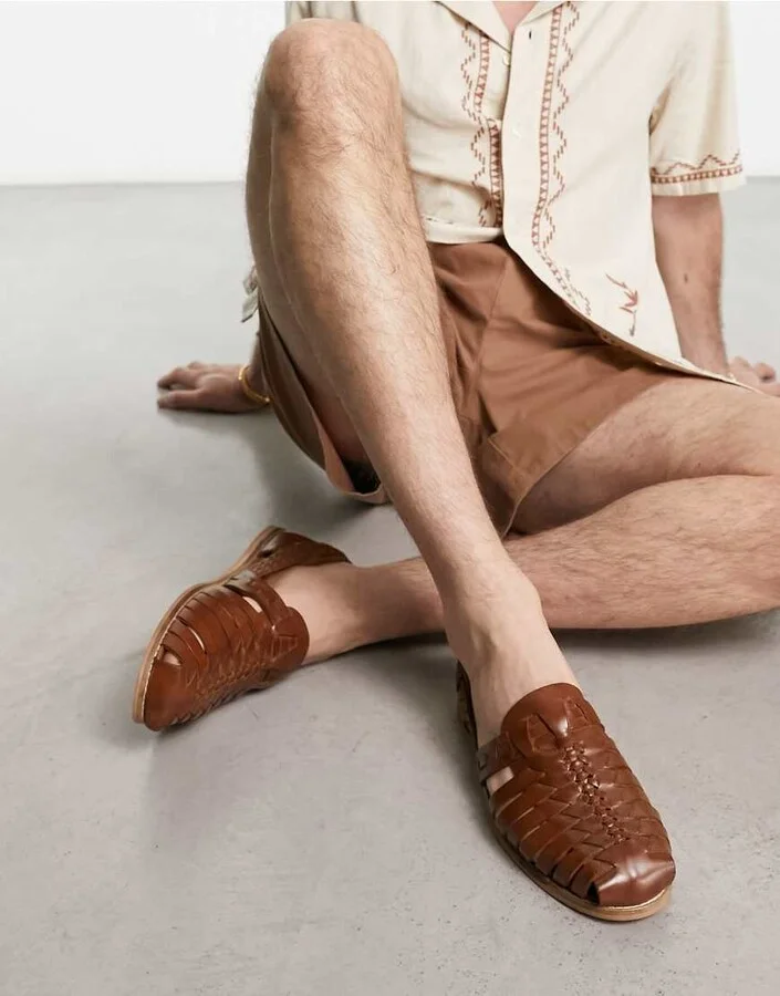 ASOS DESIGN woven sandals in tan leather - Image 4