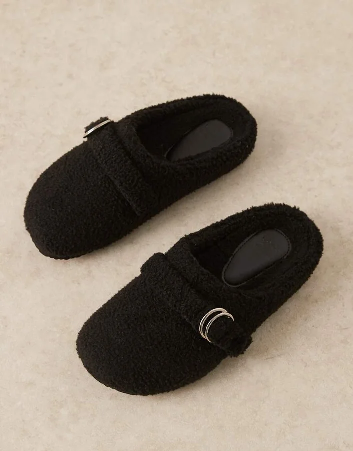ASOS DESIGN Zanders buckle detail clog slippers in black teddy - Image 4