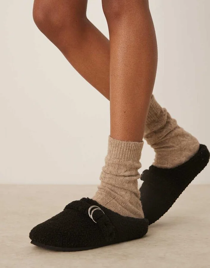 ASOS DESIGN Zanders buckle detail clog slippers in black teddy