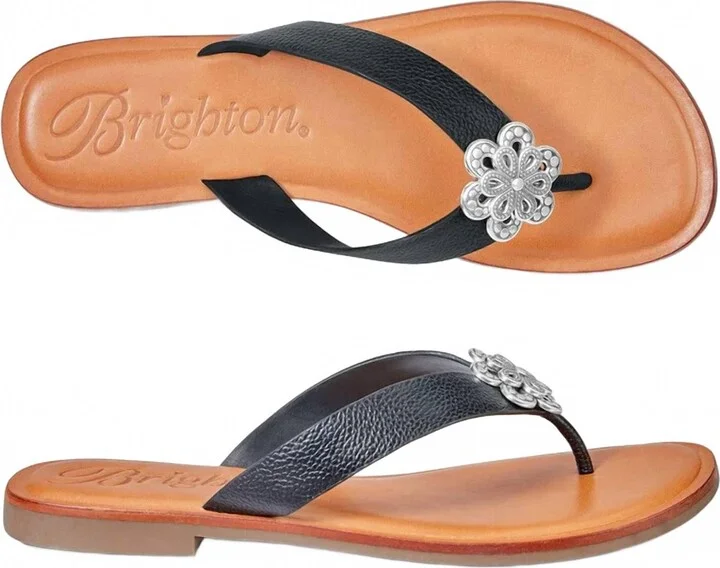 Aster Flower Embellished Blk Leather Flat Thong Slip On Sandal In Black