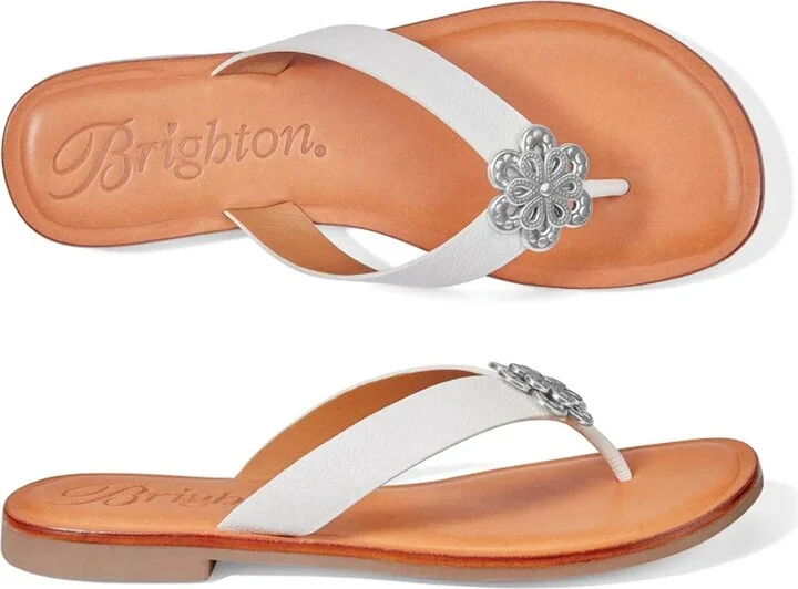 Aster Flower Embellished Leather Flat Thong Slip On Sandal In White