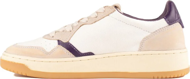 Autry Low Medalist Sneakers In White Canvas And Beige And Purple Leather - Image 2