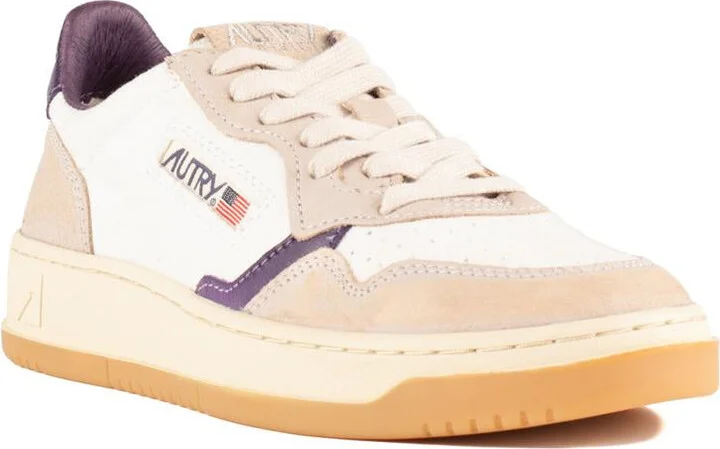 Autry Low Medalist Sneakers In White Canvas And Beige And Purple Leather - Image 3