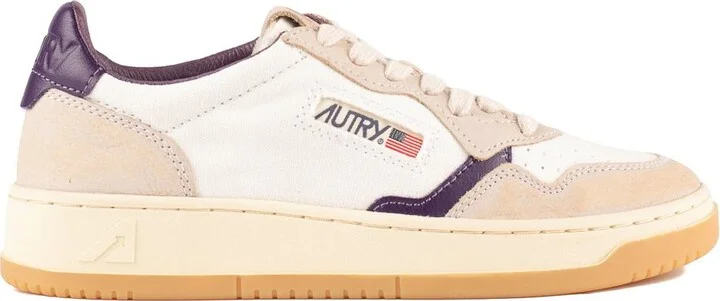 Autry Low Medalist Sneakers In White Canvas And Beige And Purple Leather