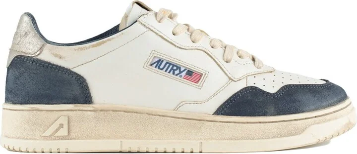 Autry Medalist Low Super Vintage Leather And Suede Space Blue And Silver Sneakers