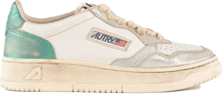 Autry Medalist Low Super Vintage Sneakers In Brushed Leather Color Silver And Aqua