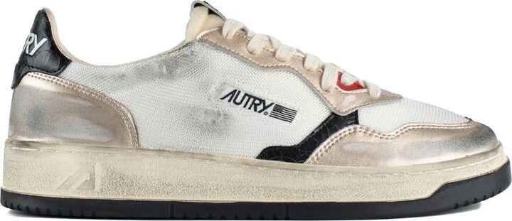 Autry Medalist Low Super Vintage Sneakers In White Mesh, Gold Suede And Black Leather