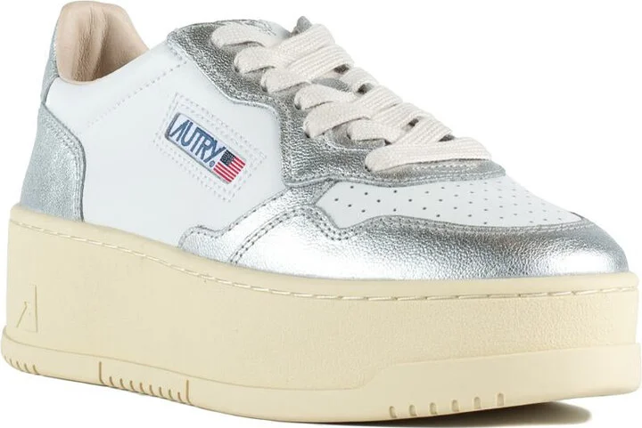 Autry Silver Metallic And White Leather Medalist Platform Sneakers - Image 3