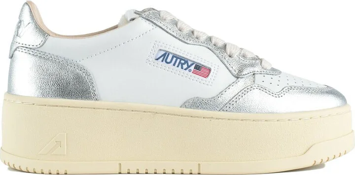 Autry Silver Metallic And White Leather Medalist Platform Sneakers
