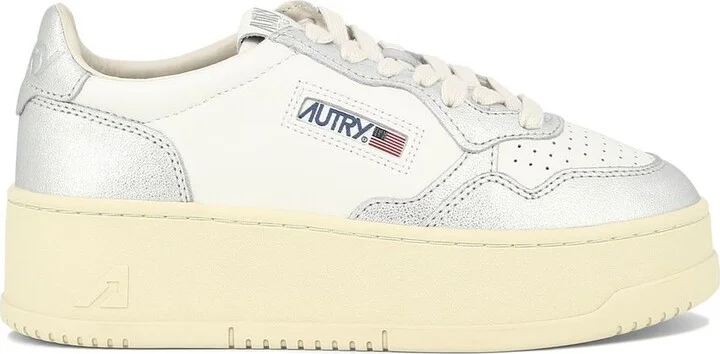 Autry Silver Metallic And White Leather Medalist Platform Sneakers