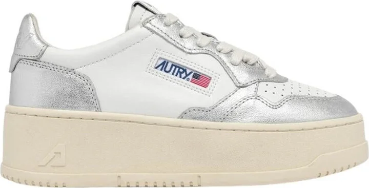 Autry Sneakers Platform Low In Pelle Bianca E Argento