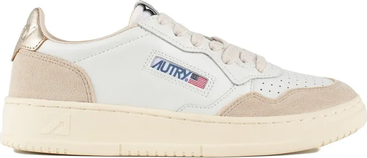 Autry White And Gold Leather And Suede Medalist Low Sneakers