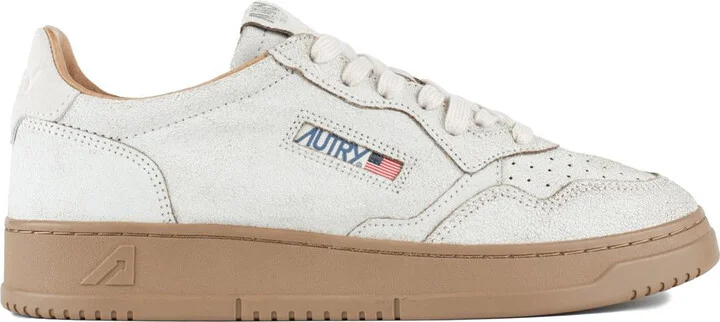 Autry White And Tobacco Brown Scraped Effect Suede Medalist Low Sneakers